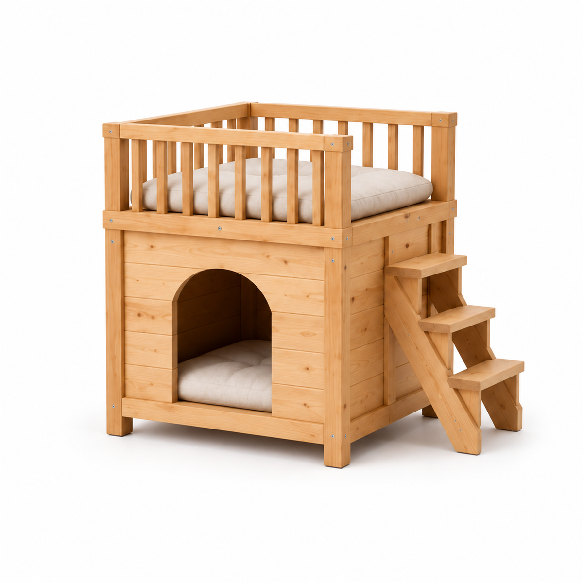 Two-Level Wooden Cat House with Steps – Main Angled