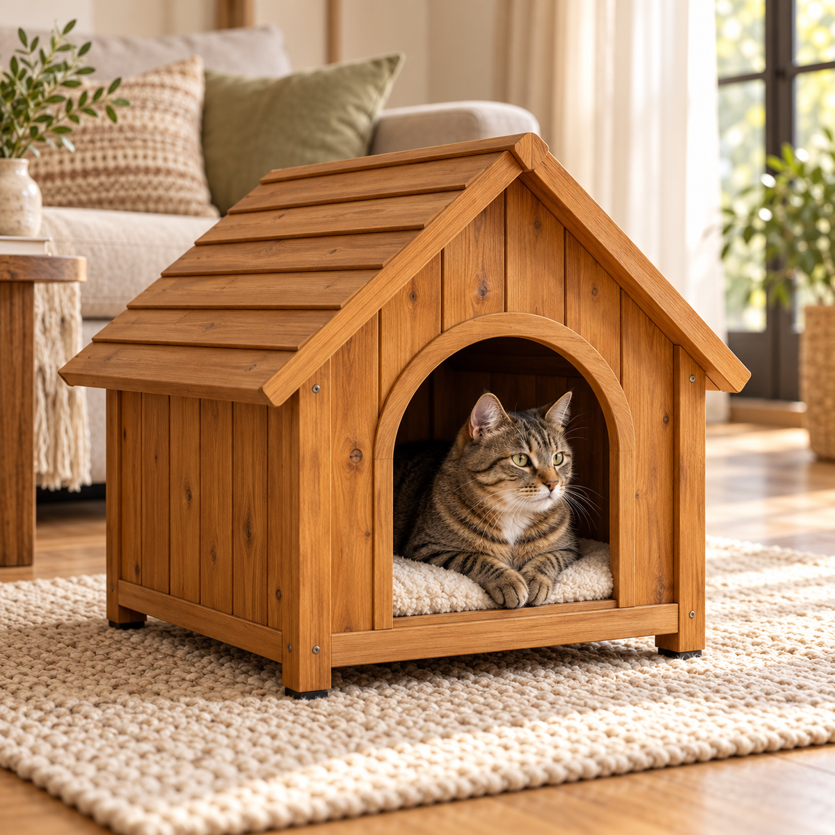 Cat resting in a classic wooden pet house in a cozy room