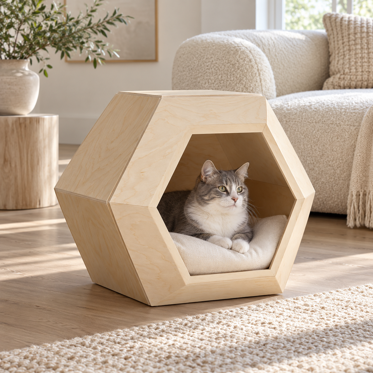 Cat relaxing in a geometric wooden pet pod in a modern room
