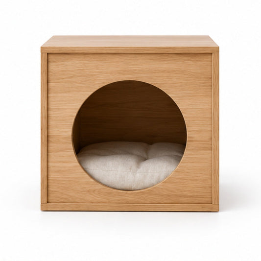 Round-Entrance Wooden Cube Pet House – Front