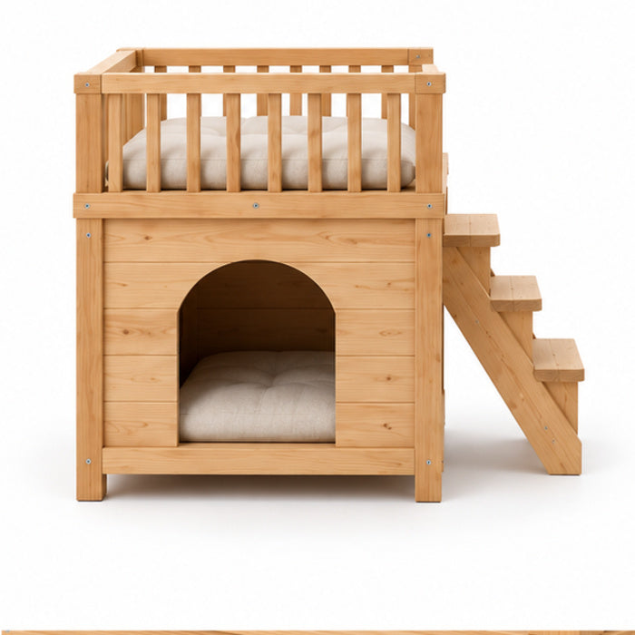 Two-Level Wooden Cat House with Steps – Front