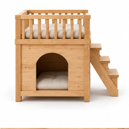 Two-Level Wooden Cat House with Steps – Front