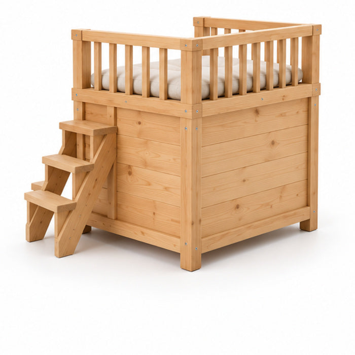 Two-Level Wooden Cat House with Steps – Back Angled