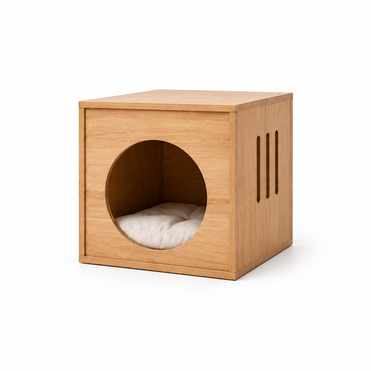 Round-Entrance Wooden Cube Pet House – Main Angled